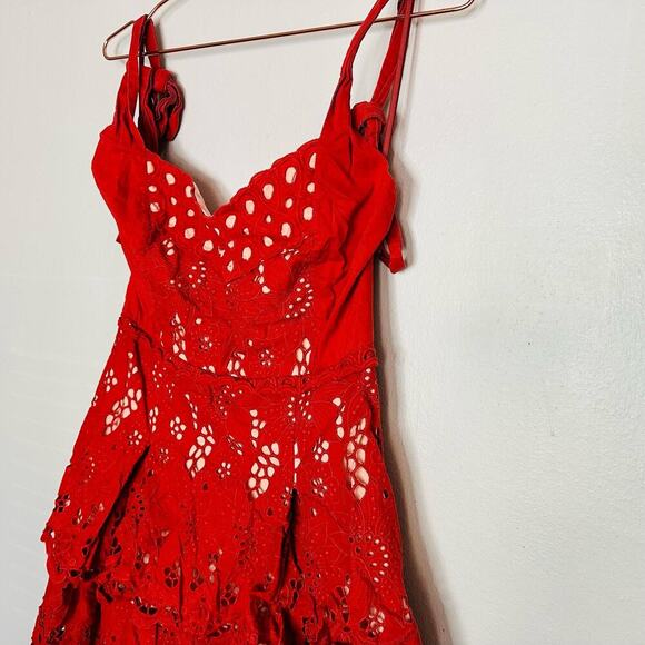 THREE FLOOR Damsel Sweetheart Burnt Orange Overlay Tie Shoulder Eyelet Dress 6 - Picture 6 of 13